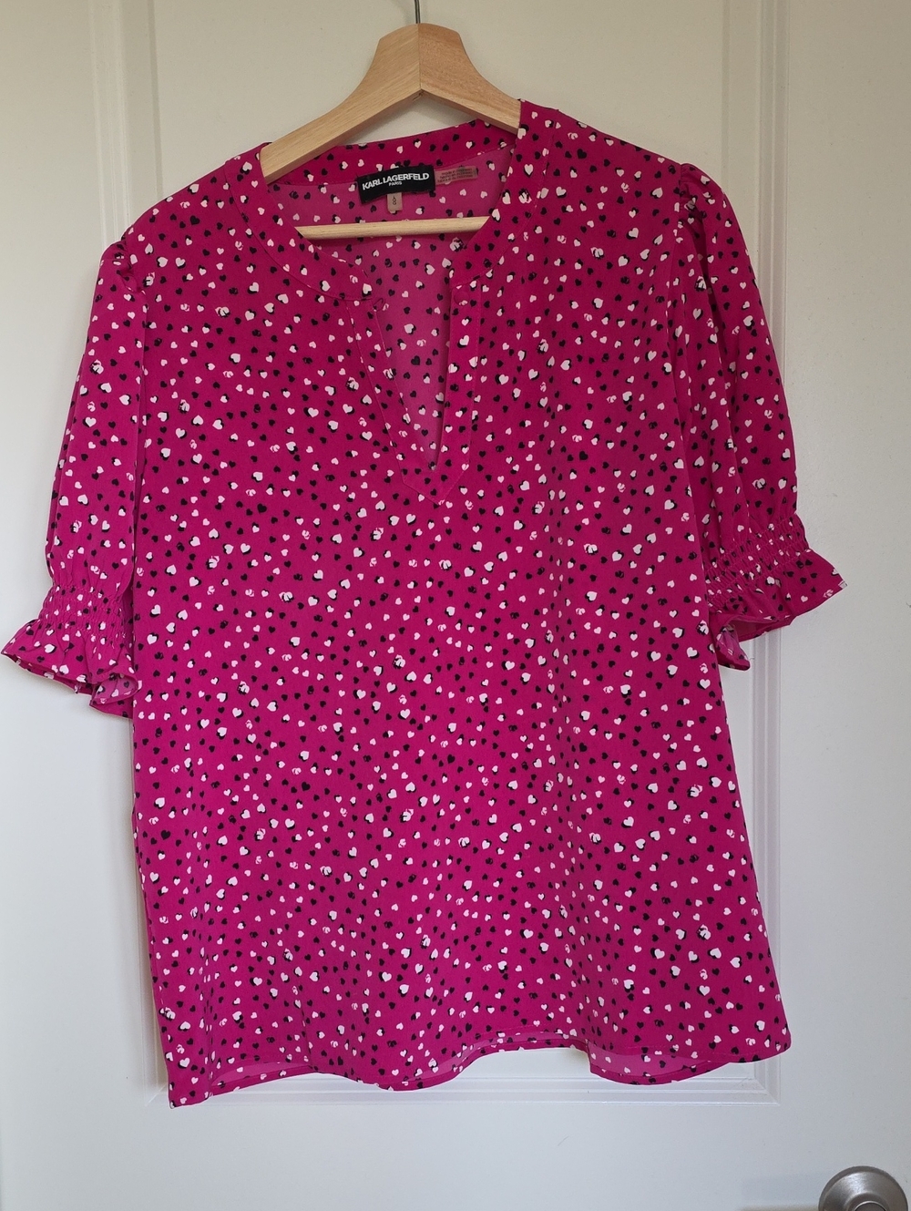 Karl Lagerfeld Fuchsia Heart-Print Ruffle Sleeve Blouse